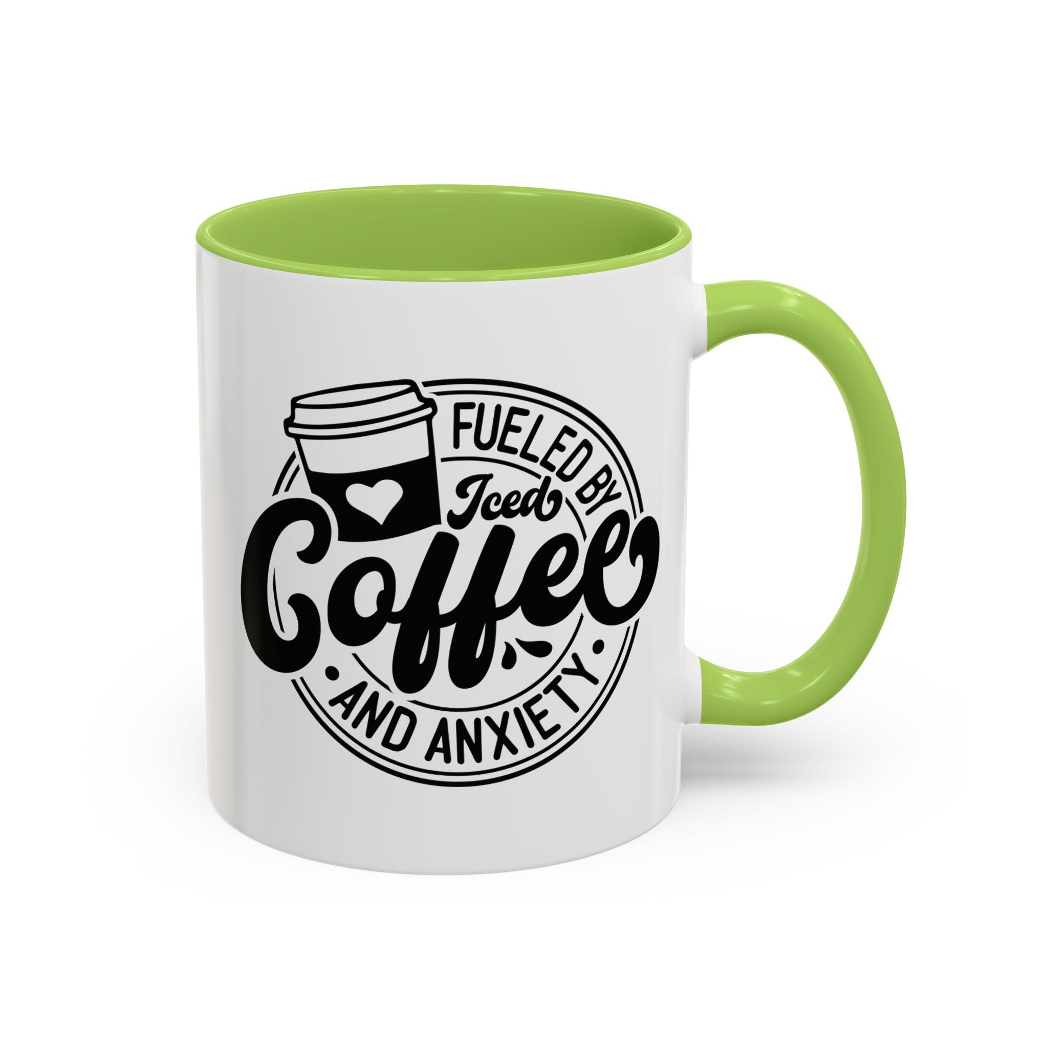 Coffee Mug — "Fueled by Iced Coffee and Anxiety" Accent Ceramic Mug