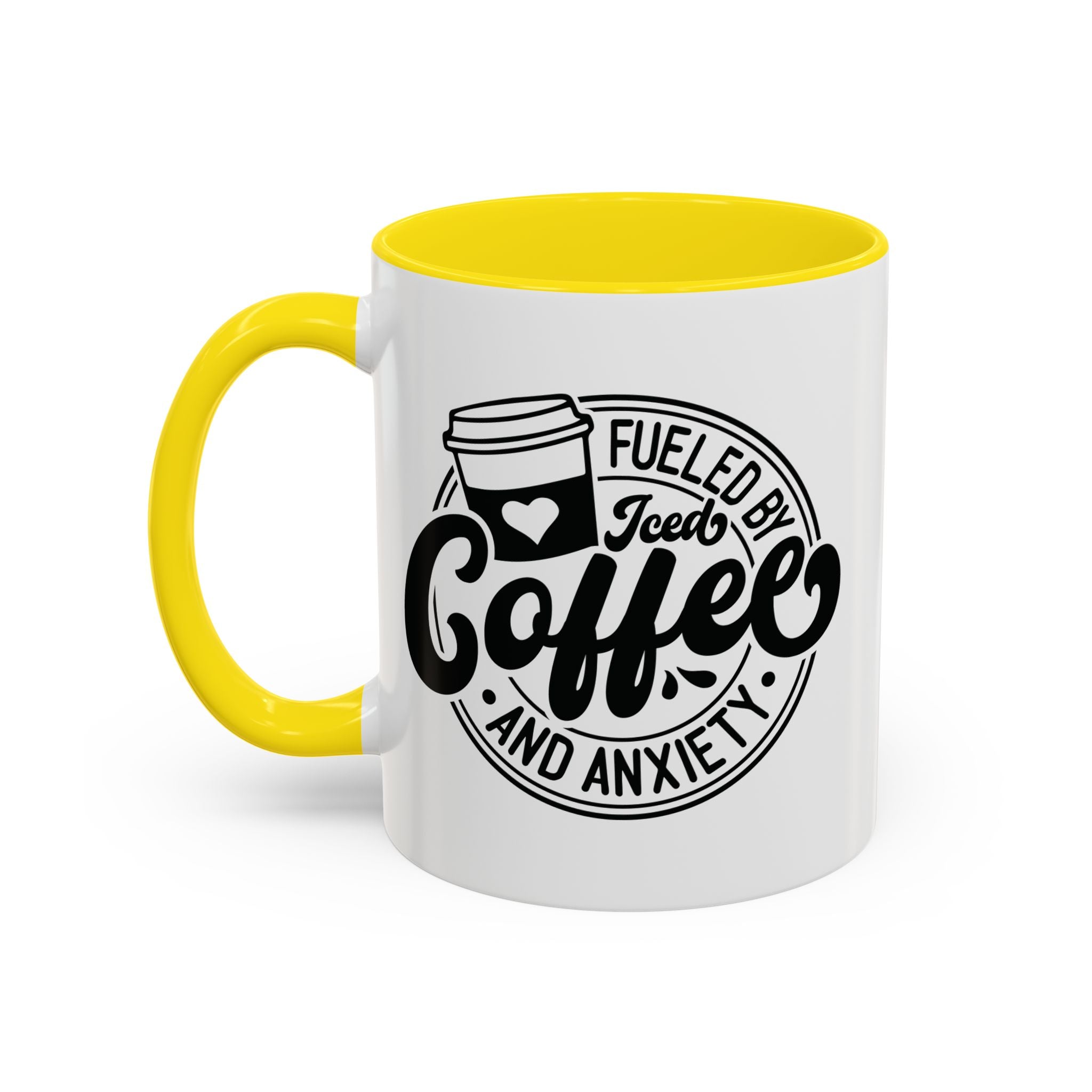 Coffee Mug — "Fueled by Iced Coffee and Anxiety" Accent Ceramic Mug