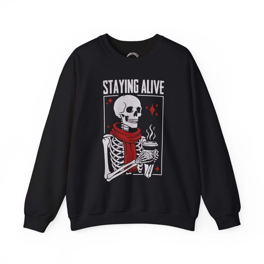 Sweatshirt — 'Staying Alive' Skeleton Coffee Crewneck