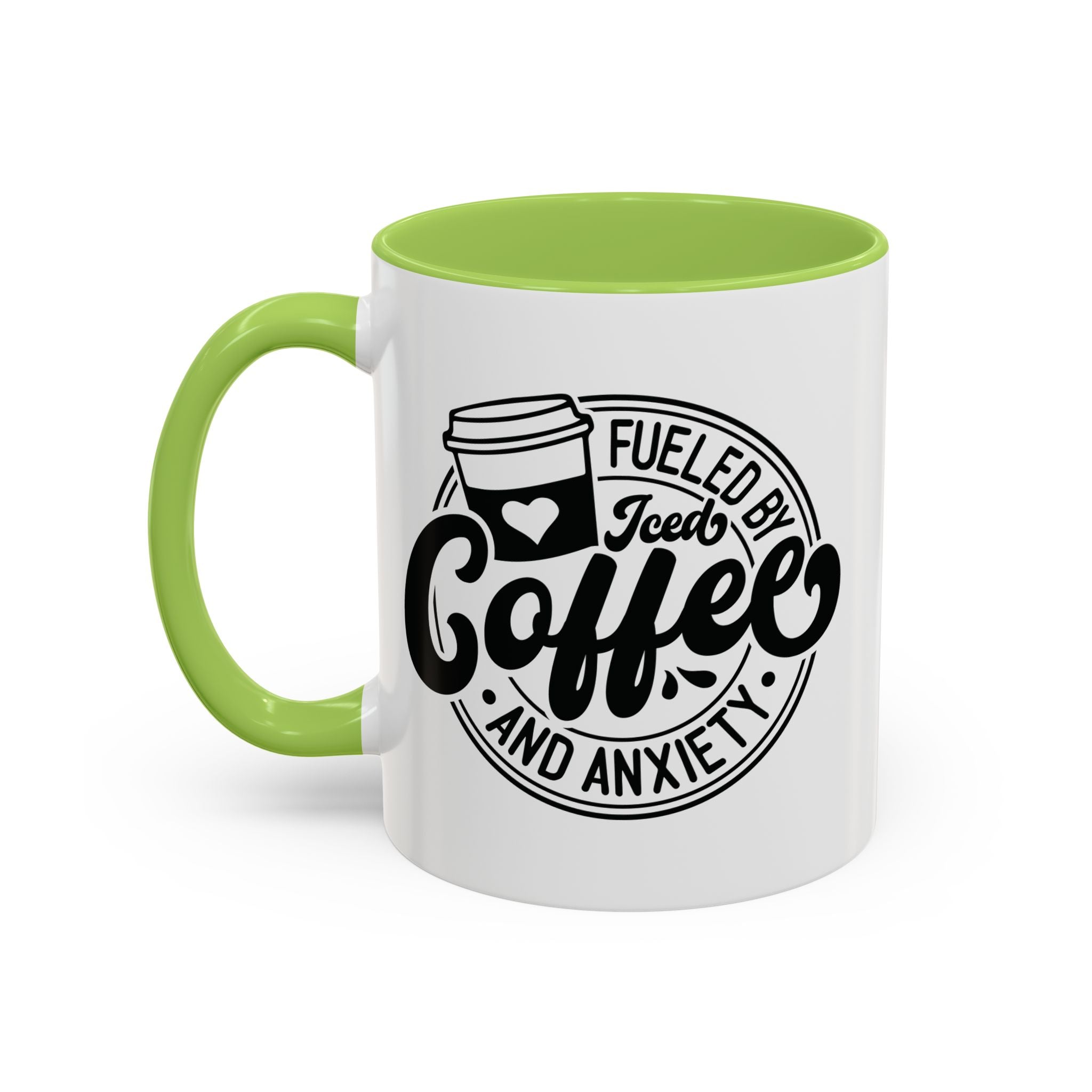 Coffee Mug — "Fueled by Iced Coffee and Anxiety" Accent Ceramic Mug